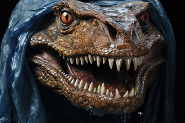 Fototapeta premium Scary dinosaur head with teeth close-up. Banner for reptile exhibition
