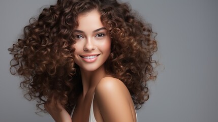 A pretty young woman with curly hair standing alone