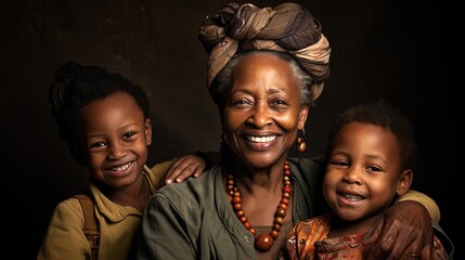An elderly African American woman, looking at the camera with a smile, holding his grandchildren in - obrazy, fototapety, plakaty