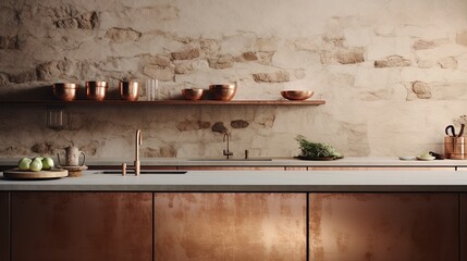 A kitchen with a stone countertop, light tiles and copper accessories