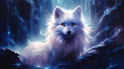 A painting of a white wolf in a snowy forest.