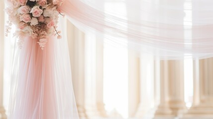 A veil is draped over the wedding altar, which is decorated in pink and white - obrazy, fototapety, plakaty