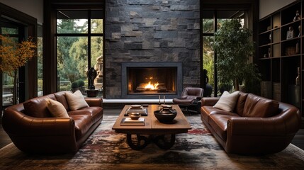 A living room with artificial fireplace cladding, leather chairs and carpet - Powered by Adobe