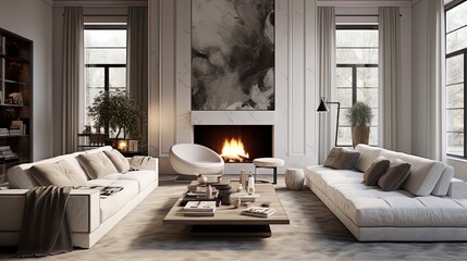 A living room with leather sofas, marble tables and a fireplace
