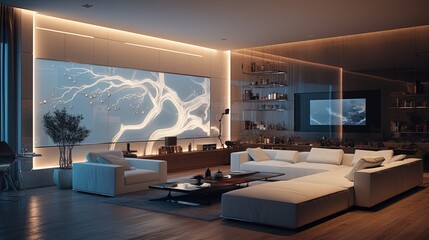 A modern living room with dynamic backlight, projection on the walls and smart mirrors - obrazy, fototapety, plakaty