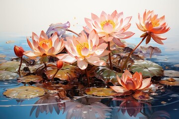 A painting of water lillies in a pond.