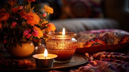 Close shots of a cozy evening with candles in a home environment - obrazy, fototapety, plakaty