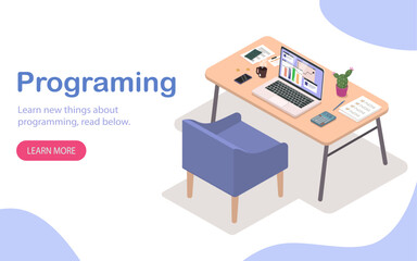 Programming landing page design. Workolace for IT specialist and programmer. Laptop at table. Coding and application or website development. Cartoon isometric vector illustration