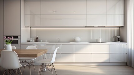 Fototapeta na wymiar Minimalism is a kitchen with glossy white cabinets, glass elements and minimalistic equipment