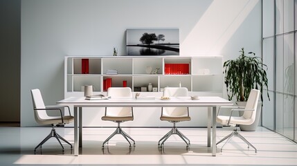Minimalism is an office with a white table, metal chairs and open regiments