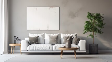 Minimalism of the living room with a gray sofa, white pillows and clean furniture lines
