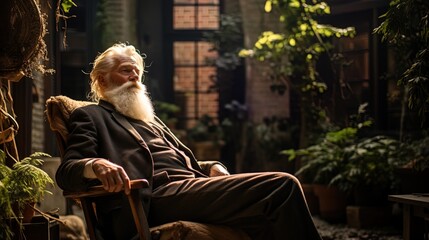 The old man sitting in a chair in the courtyard, inhaling fresh air with gratitude - obrazy, fototapety, plakaty