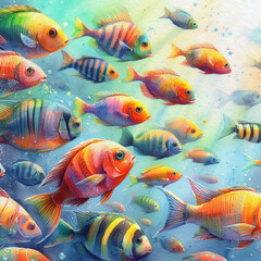 Bright fish swim in a school. Sea bottom. Watercolor illustration. Karaly. Aquarium with small beautiful fish. Sunlight in water.