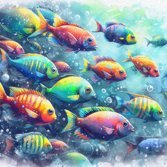 Bright fish swim in a school. Sea bottom. Watercolor illustration. Karaly. Aquarium with small beautiful fish. Sunlight in water.
