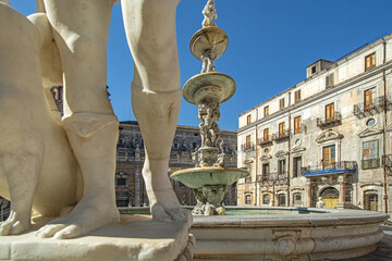 In the heart of Palermo's loveliest square, Piazza Pretoria, stands this magnificent fountain, Fontana Pretoria, work of the Florentine sculptor Francesco Camilliani. Palermo, Sicily, Italy. - obrazy, fototapety, plakaty