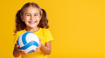 A young white woman is playing volleyball by herself on a yellow background. She is pointing to her...