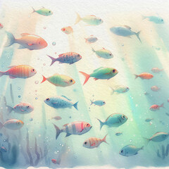 Bright fish swim in a school. Sea bottom. Watercolor illustration. Karaly. Aquarium with small beautiful fish. Sunlight in water.