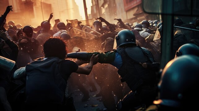 capturing the tumultuous clash between riot police and protesters