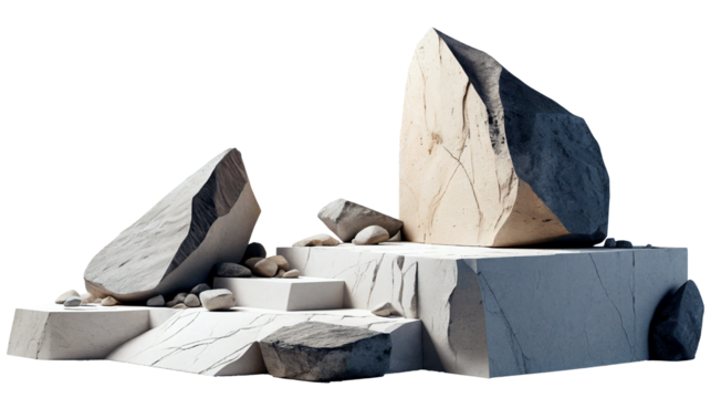 Broken stones of gray color in a group of different sizes.