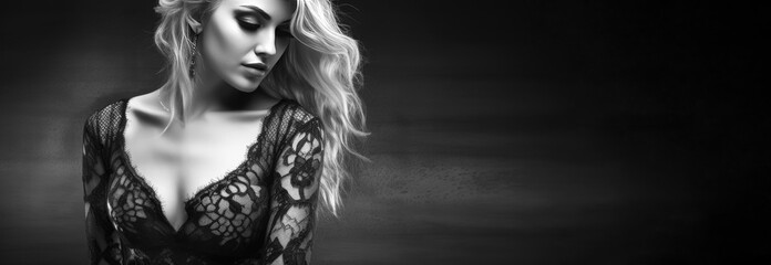 Beautiful blonde woman in black lace lingerie on black background - obrazy, fototapety, plakaty