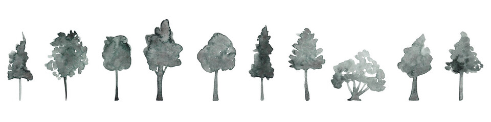 Set of freestanding silhouettes of trees in watercolor. Monochrome illustration