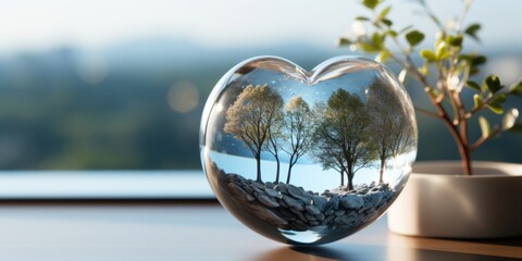 A heart shaped glass vase sitting on top of a table. Green movement, save the planet banner.