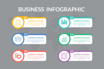 Concept of arrow business infographic with 6 successive steps. Six colorful vector graphic elements