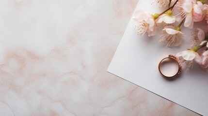 Engagement rings are featured on the top view of the wedding invitation