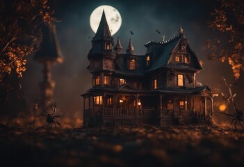Fototapeta na wymiar A haunted house with bats and spiders Halloween background