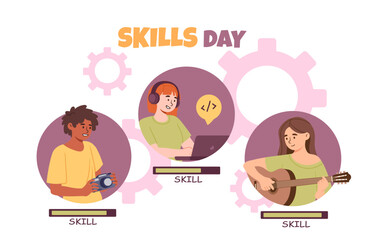 Skills day concept. Man and women with different professions. Photographer, musician with guitar and programmer with code. Cartoon flat vector illustration isolated on white background