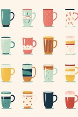 Coffee mugs in various shapes and colors representing the diversity in the coffee vibe. AI generate