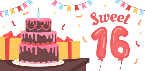 Sweet 16 happy birthday concept. Cake with gift boxes and pink balloon numbers. Dessert and delicacy near presents. Greeting and invitation postcard. Cartoon flat vector illustration
