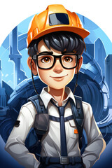 A person wearing a hard hat and glasses.