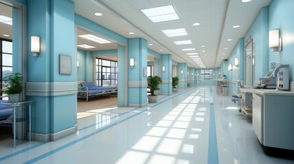 A hospital hallway with blue walls and white floors.