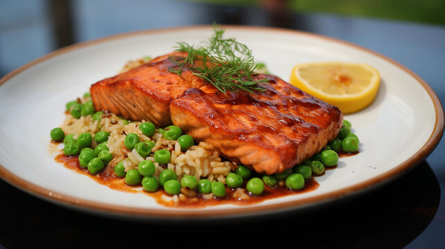 Salmon with Rice and Peas on a Plate

