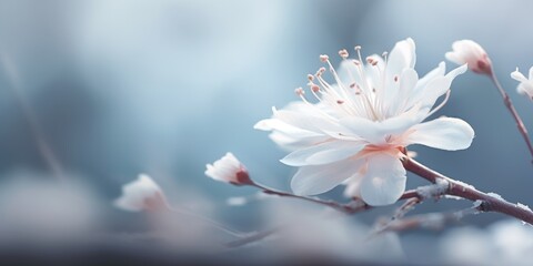 A close up of a white flower on a branch. Copyspace, place for text, panoramic banner. Beautiful winter flowers.