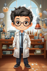 A boy in a lab coat standing in front of a window.