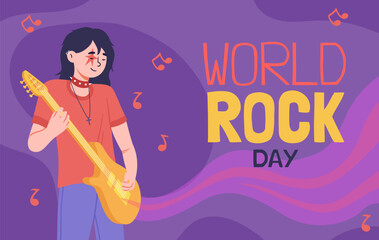 World Rock Day poster. Holiday and festival 13 July. Woman with electric guitar. Musician and guitarist with musical instrument. Cover or banner. Cartoon flat vector illustration