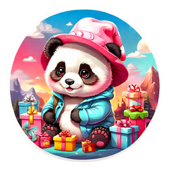 Sticker isolated cute cartoon panda wearing a pink hat with gift boxes on nature background. Transparent background. Generative AI