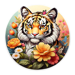 Sticker isolated cute cartoon head of tiger  on nature background. Transparent background. Generative AI