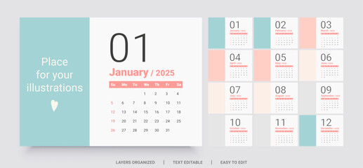 2025 Calendar template design. The week starts on Sunday.