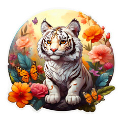 Sticker isolated cute cartoon tiger on nature background. Transparent background. Generative AI