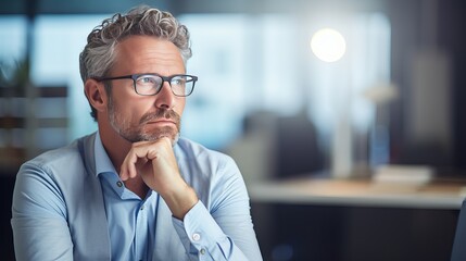 Thoughtful man sitting at a desk in the office and coming up with new ideas, while there are people in the background