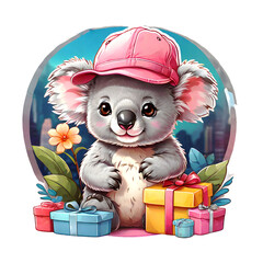 Sticker isolated cute cartoon koala wearing a pink hat with gift boxes on nature background. Transparent background. Generative AI