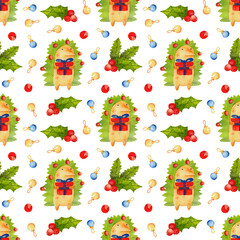 Holiday watercolor seamless pattern.  Cute Fairy tales background with hedgehog, mistletoe.  Cartoon illustration for Christmas and New Year decor, wrapping paper, scrapbooking, cover, textile.