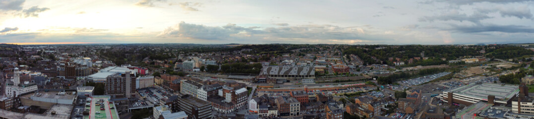 Naklejka na ściany i meble Beautiful Aerial Wide Angle Panoramic View of Central Luton City and Its Buildings