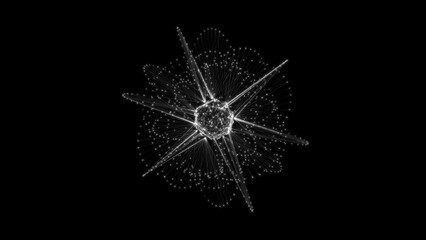 Flowing orbital polygonal sphere shape HUD, FUI element. Plexus style connecting lines and dots.