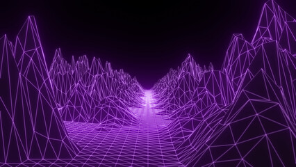 Retro wireframe lowpoly futuristic landscape background. Cyberspace grid
