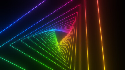 Travel through abstract neon tunnel. Glowing colorful background.