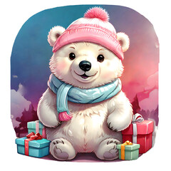 sticker isolated cute polar bear  wearing a pink and blue scarf hat  with gift boxes. Transparent background. Generative AI